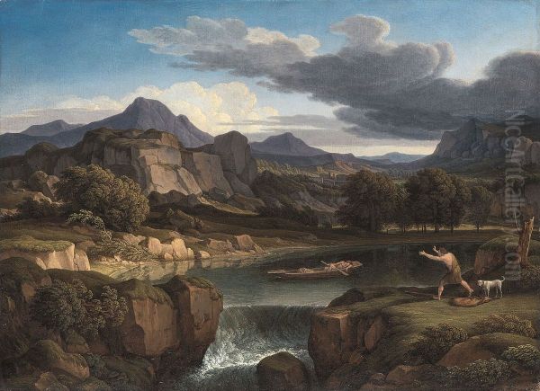 Gewitterlandschaft mit Gebirgssee und Wasserfall - view 1