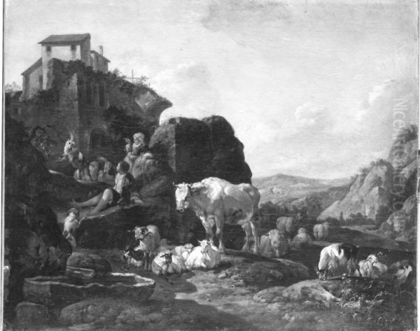 Italienische Berglandschaft mit Hirten und Viehherde - view 1