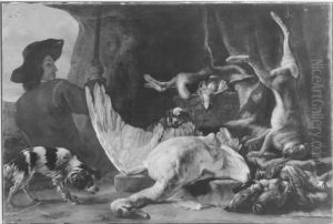 Jagdbeutestillleben mit Jager und zwei Hunden by Jan Baptist Weenix