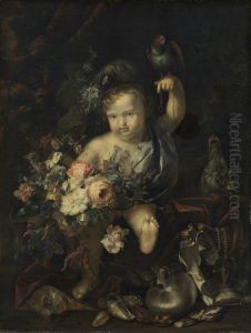 Knabe mit Blumen und Papagei by Herman van der Mijn