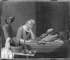 Kuchenstillleben mit geldzahlender weiblicher Figur und Papagei Kuchenstillleben mit geldzahlender weiblicher Figur und Papagei