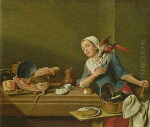 Kuchenstillleben mit weiblicher Figur und Papagei(Das Gefuhl) by Peter Jacob Horemans