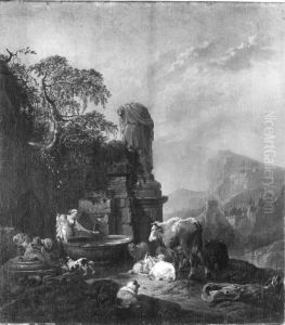 Hirtenfamilie und Herde am Brunnen