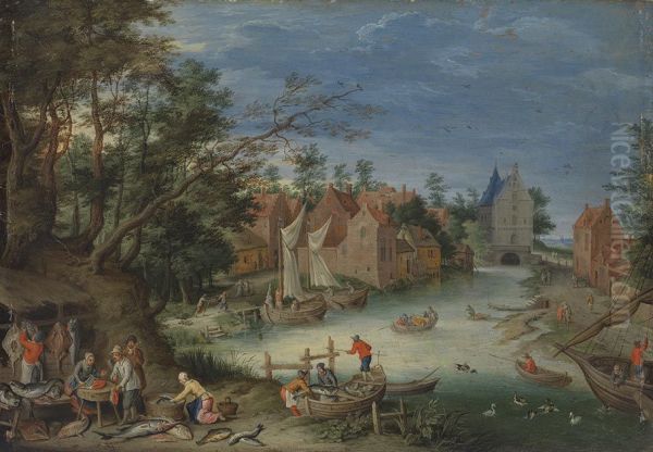 Fischverkauf am Ufer eines Kanals - view 1