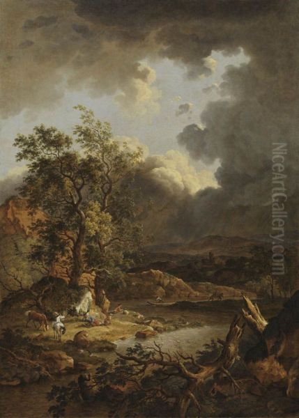 Flusslandschaft in Gewitterstimmung mit Pferden - view 1