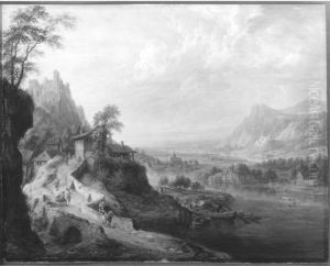 Flusslandschaft mit Muhle und Brucke by Christian Georg Schutz