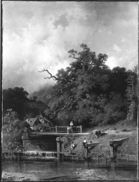Flusslandschaft mit Muhle und Wehr - view 1