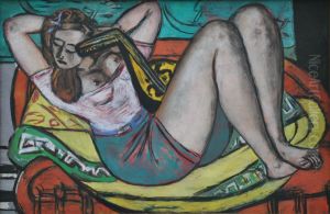 Woman with mandolin in yellow and red by Max Beckmann