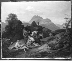 Landschaft bei Civitella mit ruhenden Wanderern (Rastendes Volk in den Bergen) by Ludwig Richter