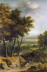 Landschaft mit Sicht auf Munchen und heimkehrender JagdgesellschaftoderJagd auf Kleinwild bei Nymphenburg