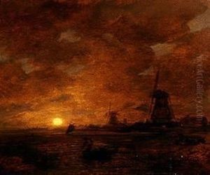 Hollandische Kustenlandschaft mit Windmuhlen by Andreas Achenbach