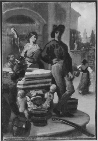 Gruppe von Menschen am Brunnen - view 1
