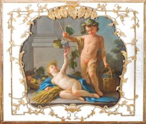 Due Putti, Uno In Veste Di Bacco, Presso Un Colonnato Con Uncesto E Tralci D""""uva, Spighe E Un Cesto Di Frutti (allegoria Dell""""estate E Dell""""autunno) by Jacopo Cestaro