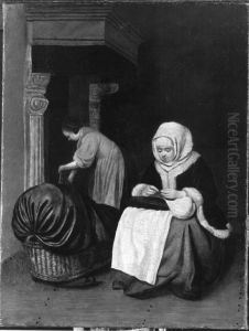 Woman sewing with Maid by Gerard Ter Borch