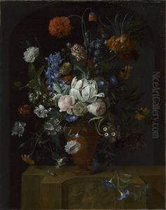 A floral still life in a stone vase on a stone sculpted base A floral still life in a stone vase on a stone sculpted base