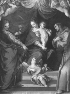Maria mit Kind und den hll. Johannes der Evangelist und Franziskus by Hans Rottenhammer