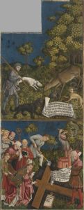 Kreuzaltar, Flugelinnenseite: Die Hirschkuh findet das Kreuz, Erhebung des Kreuzes by Master of the Polling Panels