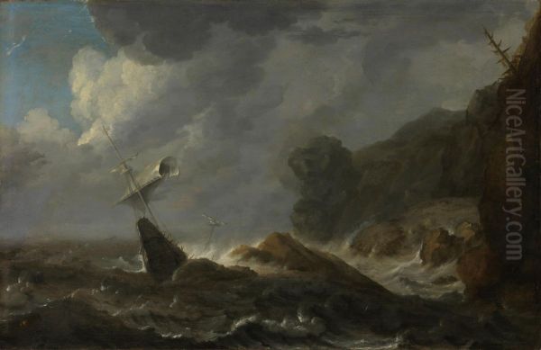 Schipbreuk voor een rotsachtige kust - view 1