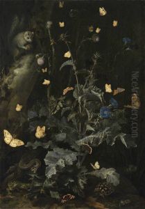 Forest floor still life with thistle and rodent
