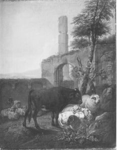 Ein brauner Stier und ruhende Schafe in antiker Ruine