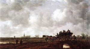 Landschaft mit Pferdewagen auf einer Brucke by Jan van Goyen