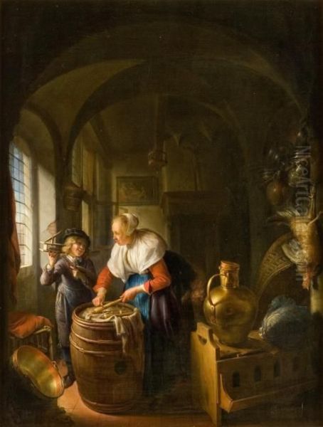 Kitchen scene with a woman and a boy with a mousetrap - view 1