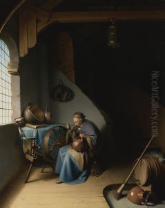 Old woman eating porridge near a spinning wheel in an interior by Gerrit Dou
