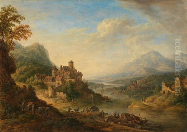Flusslandschaft mit befestigter Stadt - view 1