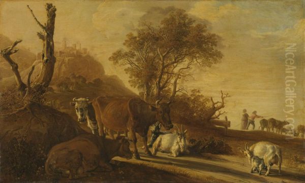 Landschaft mit ruhenden Kuhen und Ziegen - view 1