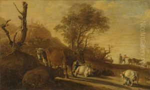 Landschaft mit ruhenden Kuhen und Ziegen