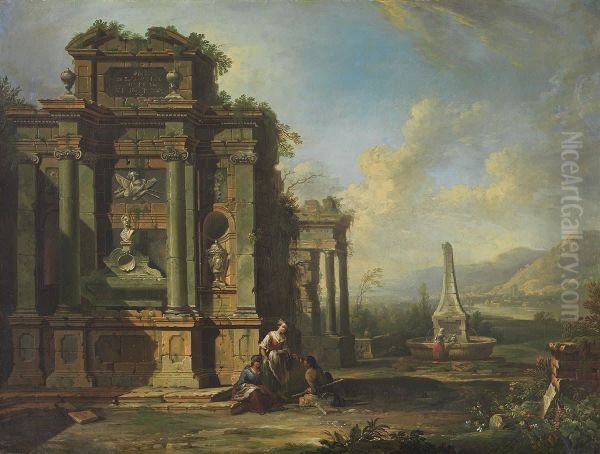 Ruinenlandschaft mit Grabmal und Brunnen - view 1