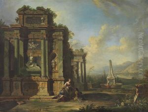 Ruinenlandschaft mit Grabmal und Brunnen