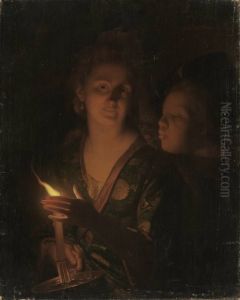 Ein Junge versucht einem Madchen die Kerze auszublasen by Godfried Schalcken