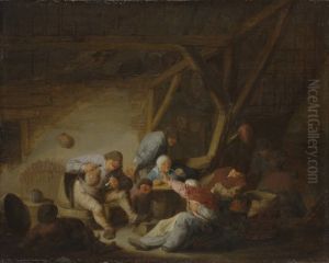 Merry peasant company in a an interior by Adriaen van Ostade