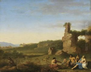 Italienische Landschaft mit Ruinen und Staffage by Cornelius van Poelenburgh