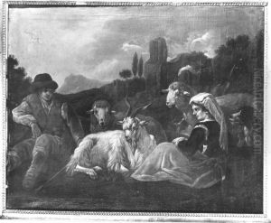 Hirtenpaar und Kleinvieh in italienischer Landschaft Hirtenpaar und Kleinvieh in italienischer Landschaft