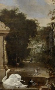 Vogelpark mit Schwan und Hund by Melchior D'Hondecoeter