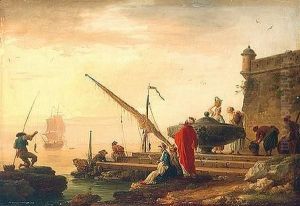 Orientalischer Seehafen bei Sonnenaufgang