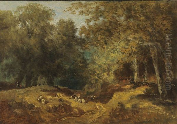 Waldlandschaft mit Schafherde und Hirten - view 1