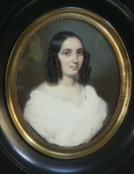 French Watercolour On Ivory Miniature Of A Lady With Dark Ringlets Signed, Oval 3.5 X 3in - view 1