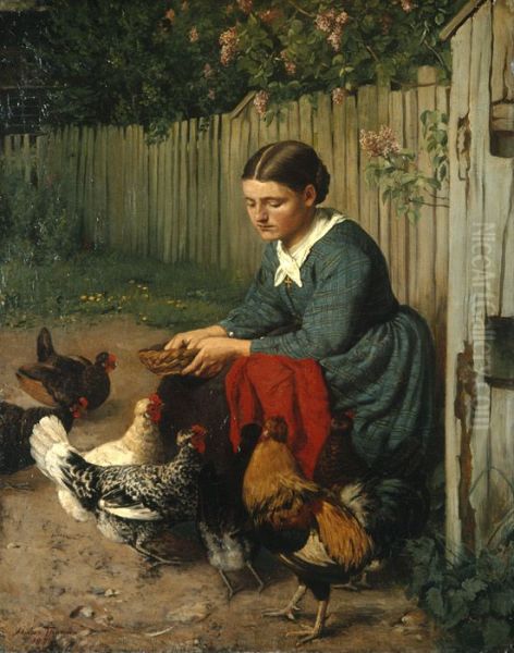 Girl feeding chicken - view 1