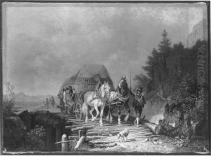 Erntewagen auf einer Holzbrucke Erntewagen auf einer Holzbrucke