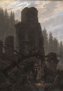 Ruinen in der Abenddammerung (Kirchenruine im Wald)