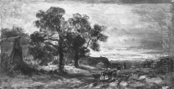 Zwei Bauernhauser unter Baumen mit vorbeiziehender Rinderherde - view 1