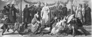 Ein Kunstlerfest, wobei das Standbild Konig Ludwigs I. bekranzt wird by Wilhelm von Kaulbach
