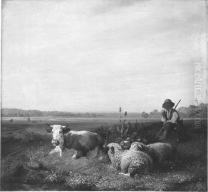 Hirtenjunge mit Kuh und Schafen auf der Weide by Sebastian Habenschaden