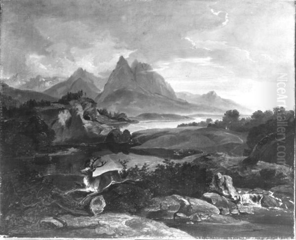 Gebirgslandschaft mit fliehendem Hirsch - view 1