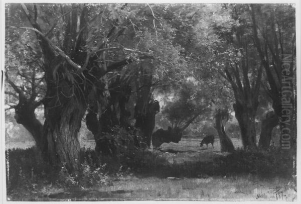 Landschaft unter Baumen mit weidendem Vieh - view 1