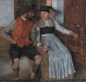 In a farmhouse interior by Wilhelm Leibl