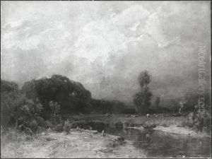Landschaft mit Fluss und Viehherde